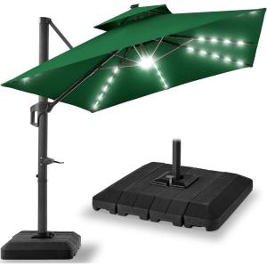 imageBest Choice Products 10x10ft Cantilever Patio Umbrella wBase Included Solar LED Lights 360 Rotation Large Offset Hanging Outdoor Shade for Deck Pool Backyard wStand  BurgundyGreen