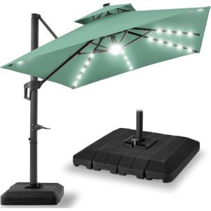 imageBest Choice Products 10x10ft Cantilever Patio Umbrella wBase Included Solar LED Lights 360 Rotation Large Offset Hanging Outdoor Shade for Deck Pool Backyard wStand  BurgundySeaglass