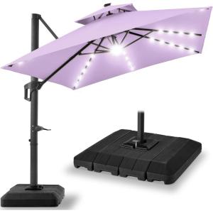 imageBest Choice Products 10x10ft Cantilever Patio Umbrella wBase Included Solar LED Lights 360 Rotation Large Offset Hanging Outdoor Shade for Deck Pool Backyard wStand  BurgundyLavender