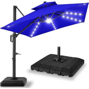 imageBest Choice Products 10x10ft Cantilever Patio Umbrella wBase Included Solar LED Lights 360 Rotation Large Offset Hanging Outdoor Shade for Deck Pool Backyard wStand  BurgundyResort Blue
