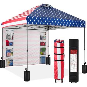 imageBest Choice Products 10x10ft Easy Pop Up Canopy wSide Wall 10 Pockets Portable Carrying Case 1Button Setup 4 Weight Bags  SandAmerican Flag