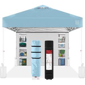imageBest Choice Products 10x10ft Easy Pop Up Canopy wSide Wall 10 Pockets Portable Carrying Case 1Button Setup 4 Weight Bags  SandBlueWhite