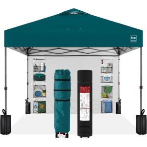 imageBest Choice Products 10x10ft Easy Pop Up Canopy wSide Wall 10 Pockets Portable Carrying Case 1Button Setup 4 Weight Bags  SandCerulean