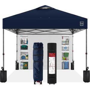 imageBest Choice Products 10x10ft Easy Pop Up Canopy wSide Wall 10 Pockets Portable Carrying Case 1Button Setup 4 Weight Bags  SandNavy Blue