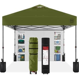 imageBest Choice Products 10x10ft Easy Pop Up Canopy wSide Wall 10 Pockets Portable Carrying Case 1Button Setup 4 Weight Bags  SandOlive Green