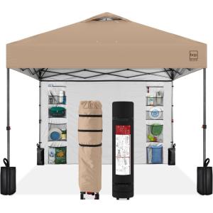 imageBest Choice Products 10x10ft Easy Pop Up Canopy wSide Wall 10 Pockets Portable Carrying Case 1Button Setup 4 Weight Bags  SandTan
