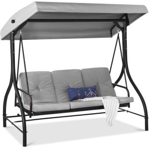 imageBest Choice Products 3Seat Outdoor Large Converting Canopy Swing Glider Patio Hammock Lounge Chair for Porch Backyard wFlatbed Adjustable Shade Removable Cushions  BurgundyFog Gray