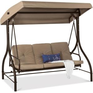 imageBest Choice Products 3Seat Outdoor Large Converting Canopy Swing Glider Patio Hammock Lounge Chair for Porch Backyard wFlatbed Adjustable Shade Removable Cushions  BurgundyDesert Taupe