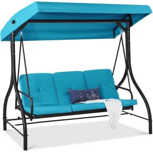 imageBest Choice Products 3Seat Outdoor Large Converting Canopy Swing Glider Patio Hammock Lounge Chair for Porch Backyard wFlatbed Adjustable Shade Removable Cushions  BurgundySky Blue