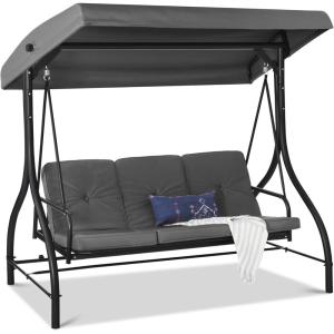 imageBest Choice Products 3Seat Outdoor Large Converting Canopy Swing Glider Patio Hammock Lounge Chair for Porch Backyard wFlatbed Adjustable Shade Removable Cushions  BurgundyGray