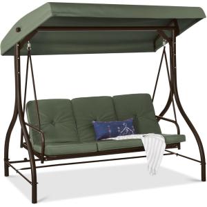 imageBest Choice Products 3Seat Outdoor Large Converting Canopy Swing Glider Patio Hammock Lounge Chair for Porch Backyard wFlatbed Adjustable Shade Removable Cushions  BurgundyMidnight Green