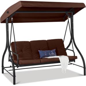 imageBest Choice Products 3Seat Outdoor Large Converting Canopy Swing Glider Patio Hammock Lounge Chair for Porch Backyard wFlatbed Adjustable Shade Removable Cushions  BurgundyBrown