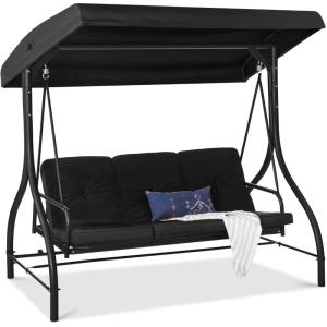 imageBest Choice Products 3Seat Outdoor Large Converting Canopy Swing Glider Patio Hammock Lounge Chair for Porch Backyard wFlatbed Adjustable Shade Removable Cushions  BurgundyBlack