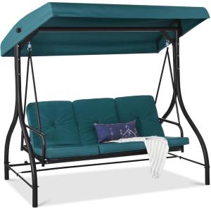 imageBest Choice Products 3Seat Outdoor Large Converting Canopy Swing Glider Patio Hammock Lounge Chair for Porch Backyard wFlatbed Adjustable Shade Removable Cushions  BurgundyPeacock