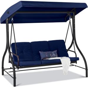 imageBest Choice Products 3Seat Outdoor Large Converting Canopy Swing Glider Patio Hammock Lounge Chair for Porch Backyard wFlatbed Adjustable Shade Removable Cushions  BurgundyNavy