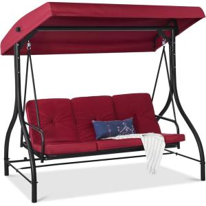 imageBest Choice Products 3Seat Outdoor Large Converting Canopy Swing Glider Patio Hammock Lounge Chair for Porch Backyard wFlatbed Adjustable Shade Removable Cushions  BurgundyBurgundy