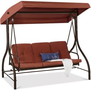 imageBest Choice Products 3Seat Outdoor Large Converting Canopy Swing Glider Patio Hammock Lounge Chair for Porch Backyard wFlatbed Adjustable Shade Removable Cushions  BurgundyDark Rust