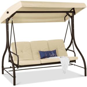 imageBest Choice Products 3Seat Outdoor Large Converting Canopy Swing Glider Patio Hammock Lounge Chair for Porch Backyard wFlatbed Adjustable Shade Removable Cushions  BurgundyIvory