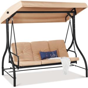 imageBest Choice Products 3Seat Outdoor Large Converting Canopy Swing Glider Patio Hammock Lounge Chair for Porch Backyard wFlatbed Adjustable Shade Removable Cushions  BurgundyTan