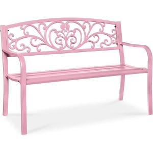 imageBest Choice Products Outdoor Bench Steel Garden Patio Porch Furniture for Lawn Park Deck wFloral Design Backrest Slatted Seat  BrownPink