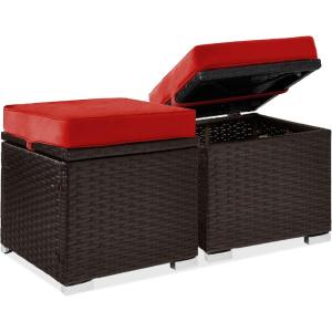 imageBest Choice Products Set of 2 Wicker Ottomans Multipurpose Outdoor Furniture for Patio Backyard Additional Seating Footrest Side Table wStorage Removable Cushions  BrownBeigeRedBrown