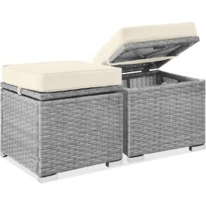 imageBest Choice Products Set of 2 Wicker Ottomans Multipurpose Outdoor Furniture for Patio Backyard Additional Seating Footrest Side Table wStorage Removable Cushions  BrownBeigeCreamGray