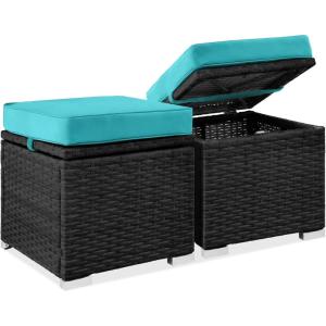 imageBest Choice Products Set of 2 Wicker Ottomans Multipurpose Outdoor Furniture for Patio Backyard Additional Seating Footrest Side Table wStorage Removable Cushions  BrownBeigeBlackTeal