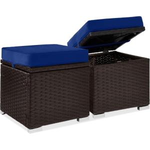 imageBest Choice Products Set of 2 Wicker Ottomans Multipurpose Outdoor Furniture for Patio Backyard Additional Seating Footrest Side Table wStorage Removable Cushions  BrownBeigeNavyBrown