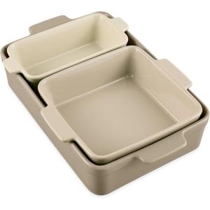 imageBest Choice Products Set of 3 Large Serving Trays Party Platters and Ceramic NonStick Bakeware For Appetizers Charcuterie Snack Dessert Casserole Sour Dough Bread Loaf  Cornflower BlueMushroom Beige