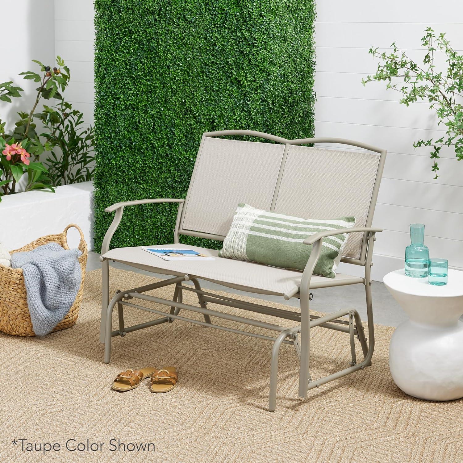 imageBest Choice Products 2Person Outdoor Patio Swing Glider Steel Bench Loveseat Rocker for Deck Porch wTextilene Fabric Steel Frame  IvoryGrayForest GreenBrown
