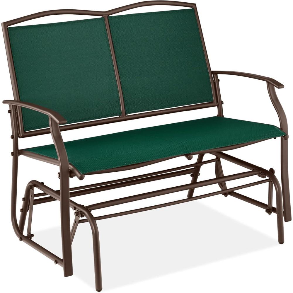 imageBest Choice Products 2Person Outdoor Patio Swing Glider Steel Bench Loveseat Rocker for Deck Porch wTextilene Fabric Steel Frame  IvoryGrayForest GreenBrown