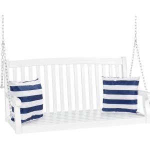 imageBest Choice Products 48in Wood Porch Swing Outdoor Patio Hanging Bench Chair Furniture for Deck Garden Yard wMounting Chains Curved Back Design 500lb Weight Capacity  BrownWhite