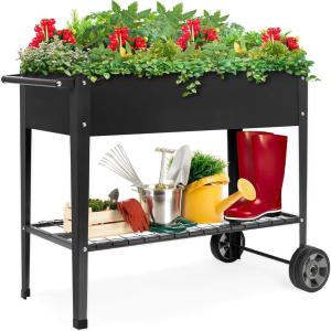 imageBest Choice Products Elevated Mobile Raised Ergonomic Metal Planter Garden Bed for Backyard Patio wWheels Lower Shelf 38x16x32in Dark Gray