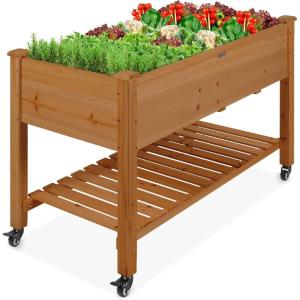 imageBest Choice Products Raised Garden Bed 48x24x32inch Mobile Elevated Wood Planter wLockable Wheels Storage Shelf Protective Liner  NaturalAcorn Brown