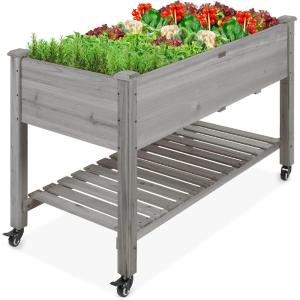 imageBest Choice Products Raised Garden Bed 48x24x32inch Mobile Elevated Wood Planter wLockable Wheels Storage Shelf Protective Liner  NaturalGray