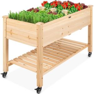 imageBest Choice Products Raised Garden Bed 48x24x32inch Mobile Elevated Wood Planter wLockable Wheels Storage Shelf Protective Liner  NaturalNatural