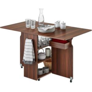 imageBest Choice Products Folding Dining Table Multipurpose Space Saving Collapsible Drop Leaf Extension Desk wWheels 3 Storage Shelves  WhiteBrown