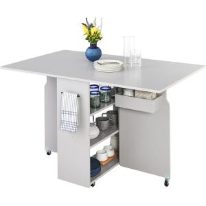 imageBest Choice Products Folding Dining Table Multipurpose Space Saving Collapsible Drop Leaf Extension Desk wWheels 3 Storage Shelves  WhiteCement Gray