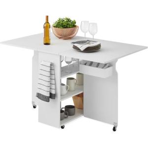 imageBest Choice Products Folding Dining Table Multipurpose Space Saving Collapsible Drop Leaf Extension Desk wWheels 3 Storage Shelves  WhiteWhite