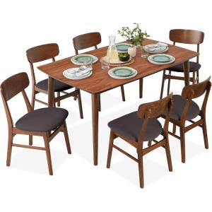 imageBest Choice Products 7Piece Wooden Dining Room Table Set MidCentury Modern Kitchen Table w 6 Chairs Upholstered Cushions Curved Backrests Rounded Table Corners  WalnutGrayWalnutCharcoal