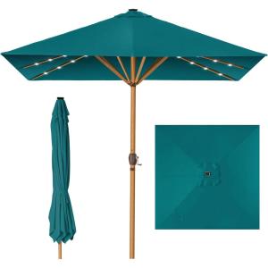 imageBest Choice Products 9ft Deep Square Solar Powered LED Lighted Patio Umbrella wWoodgrain Pattern UVResistant Fabric Hand Crank  Navy BlueCerulean