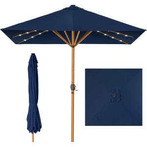 imageBest Choice Products 9ft Deep Square Solar Powered LED Lighted Patio Umbrella wWoodgrain Pattern UVResistant Fabric Hand Crank  Navy BlueNavy Blue