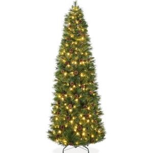 imageBest Choice Products PreLit Scotch Pine Pencil Christmas Tree 6ft Premium Skinny PreDecorated Holiday Decor wWhite and Multicolor LED LightsGreen