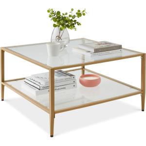 imageBest Choice Products 32 Square Glass Coffee Table Large 2Tier Accent Furniture for Living Room Bedroom wMetal Frame Glass Shelves  GoldGold
