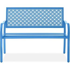 imageBest Choice Products Outdoor Bench 2Person Metal Steel Benches Furniture for Garden Patio Porch Entryway wGeometric Backrest 790lb Capacity  BlackOcean Blue