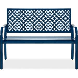 imageBest Choice Products Outdoor Bench 2Person Metal Steel Benches Furniture for Garden Patio Porch Entryway wGeometric Backrest 790lb Capacity  BlackPeacock Blue