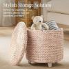 imageBest Choice Products 17quot Round Storage Ottoman WLid Handwoven Water Hyacinth Footstool Footrest wWooden Legs Accent Side Table Storage Container Plant Stand  ChestnutTransparent White