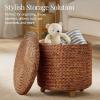 imageBest Choice Products 17quot Round Storage Ottoman WLid Handwoven Water Hyacinth Footstool Footrest wWooden Legs Accent Side Table Storage Container Plant Stand  ChestnutChestnut