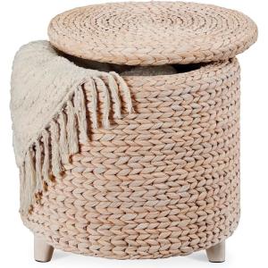 imageBest Choice Products 17quot Round Storage Ottoman WLid Handwoven Water Hyacinth Footstool Footrest wWooden Legs Accent Side Table Storage Container Plant Stand  ChestnutTransparent White