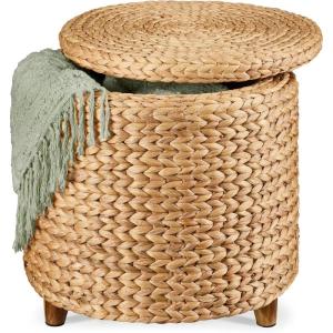 imageBest Choice Products 17quot Round Storage Ottoman WLid Handwoven Water Hyacinth Footstool Footrest wWooden Legs Accent Side Table Storage Container Plant Stand  ChestnutNatural